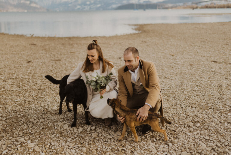 Hochzeitsfotos mit Hunden im Bonstetten Park in Thun